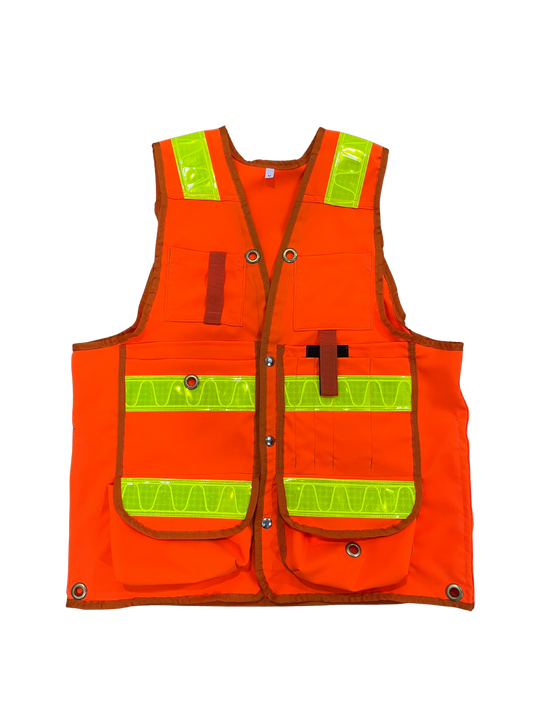 Deluxe 14 Pocket Cruiser Vest - Fluorescent Orange Polyester with Reflective Striping - Unisex