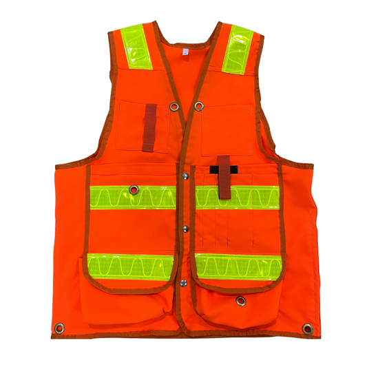 Deluxe 14 Pocket Cruiser Vest - Fluorescent Orange Polyester with Reflective Striping - Unisex