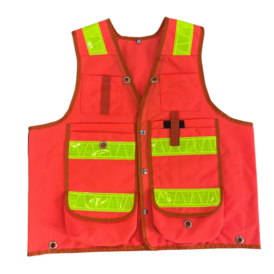 Deluxe 14 Pocket Cruiser Vest- Fluorescent Orange Cordura with Reflective Striping - Unisex
