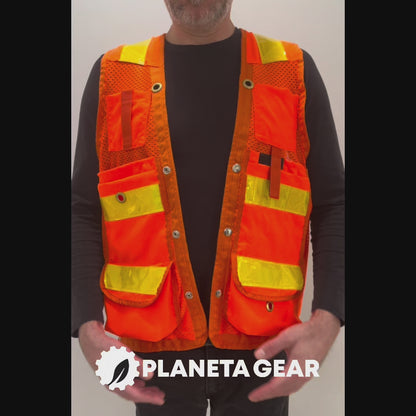 Deluxe 14 Pocket Cruiser Vest- Orange Polyester Mesh with Reflective Striping - Unisex