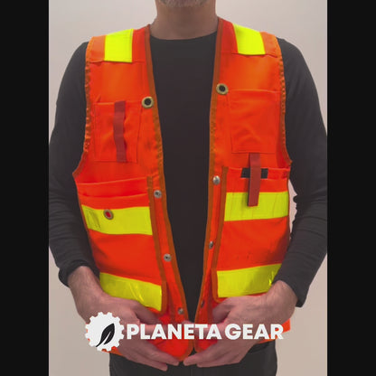Deluxe 14 Pocket Cruiser Vest - Fluorescent Orange Polyester with Reflective Striping - Unisex